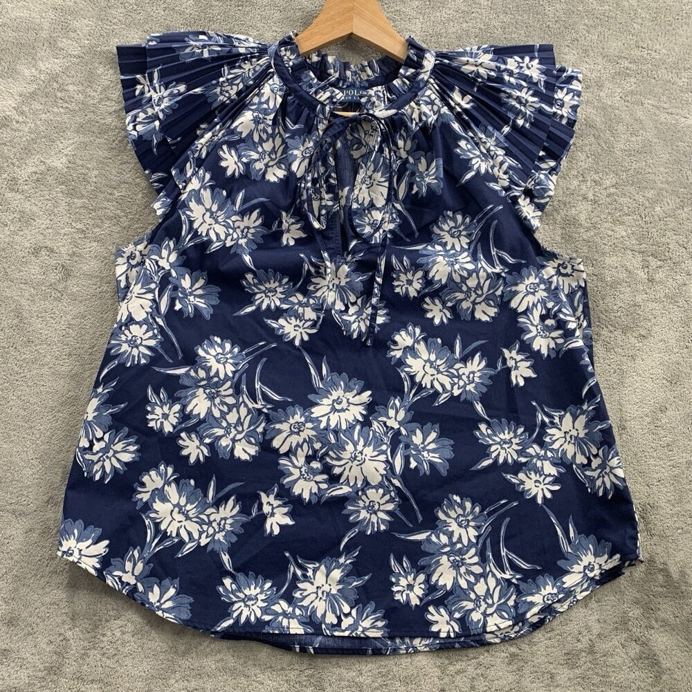 Polo Ralph Lauren Shirt Womens Size 6 Blue Floral Blouse Short Sleeve Front Tie